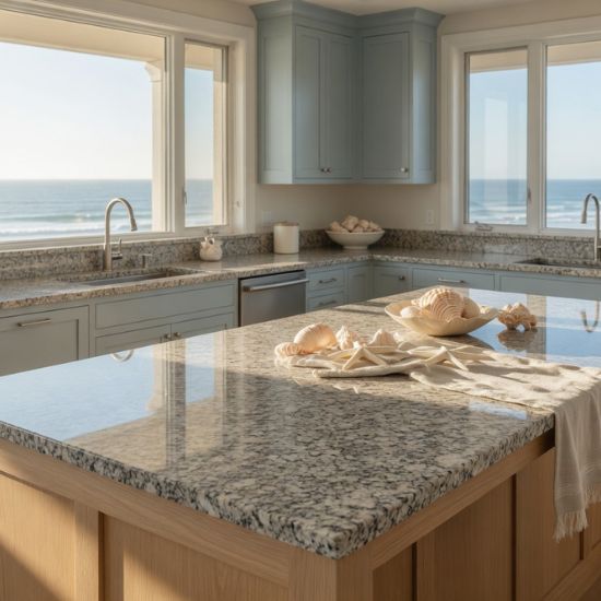 Isla de cocina en Granito Crema Julia con vistas al mar, muebles azul claro y fregaderos integrados