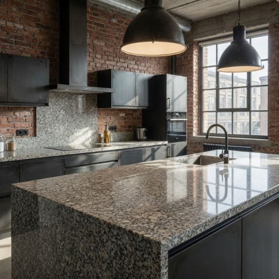 ocina industrial con isla y encimera en Granito Crema Julia, ladrillo visto y muebles oscuros