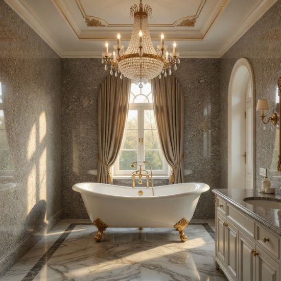 Baño de lujo con bañera exenta y paredes en Granito Crema Julia, araña de cristal y grifería dorada