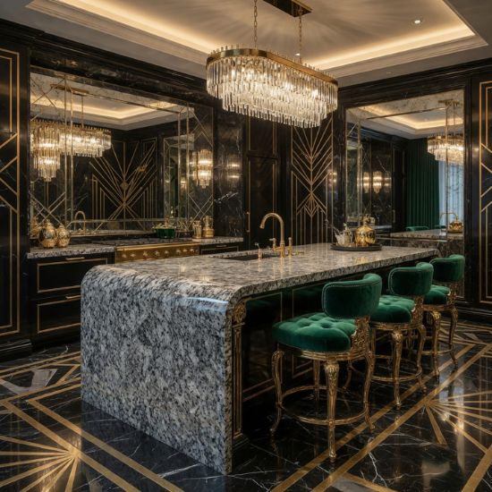 Isla de cocina moderna en Granito Gris Quintana con muebles gris claro y grifería dorada