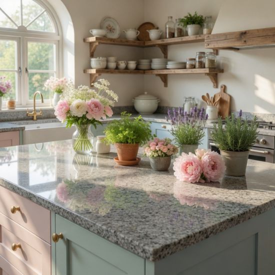 Encimera de Granito Gris Quintana en cocina romántica con muebles pastel y flores frescas