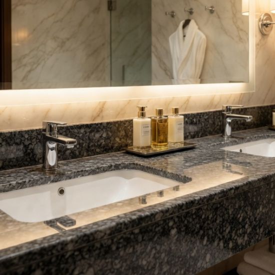 Mueble de baño flotante en Granito Gris Quintana con lavabo blanco, grifería cromada y bañera exenta