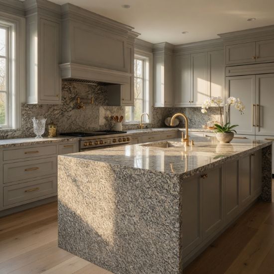 Isla de cocina en Granito Mondariz con muebles gris claro y grifería dorada