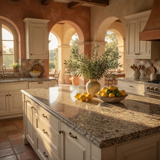 sla de cocina rústica en Granito Mondariz con limones, aceitunas y arcos de terracota