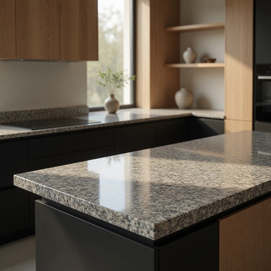 Isla de cocina moderna en Granito Mondariz con muebles negros y madera clara