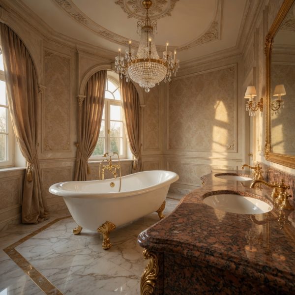 ueble de baño de lujo en Granito Rojo Multicolor con bañera exenta y grifería dorada