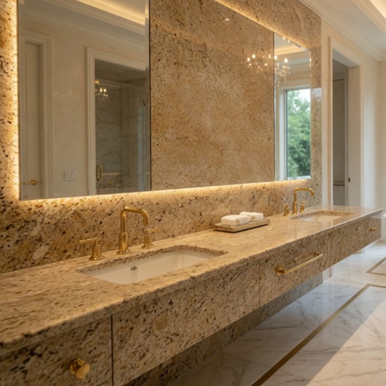 Mueble de baño doble en Granito Sahara Gold con espejos retroiluminados y grifería dorada