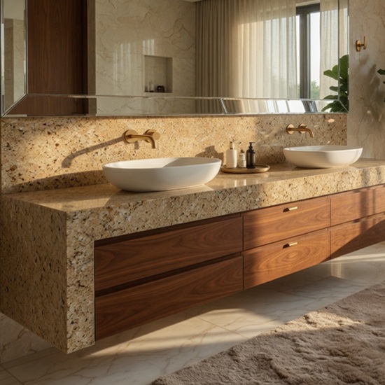 Mueble de baño doble en Granito Sahara Gold con espejos retroiluminados y grifería dorada