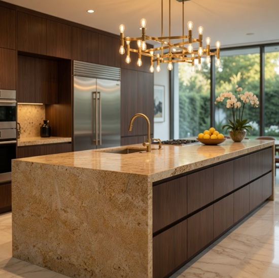 Isla de cocina larga en Granito Sahara Gold con muebles oscuros y grifería dorada