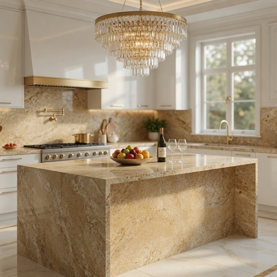 Isla de cocina de lujo en Granito Sahara Gold con araña de cristal en cocina luminosa