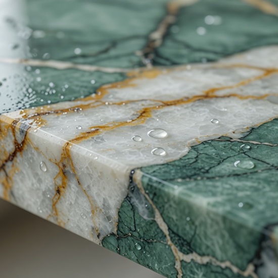 Canto de encimera Sensa Kaira cuarcita verde con gotas de agua, mostrando repelencia y veta natural blanca y dorada