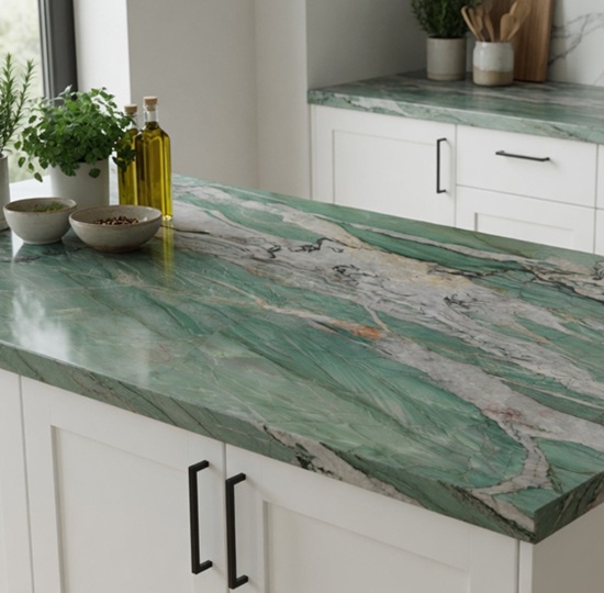 Isla de cocina completa en Sensa Kaira cuarcita verde natural con taburetes y fondo de mármol verde