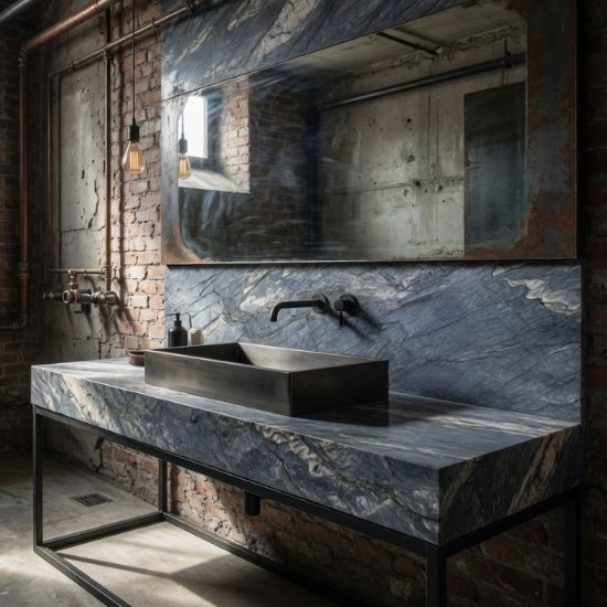 Mueble de baño con encimera cuarcita Fusion Blue en estilo industrial
