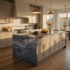 Isla de cocina con encimera cuarcita Fusion Blue en cocina clara