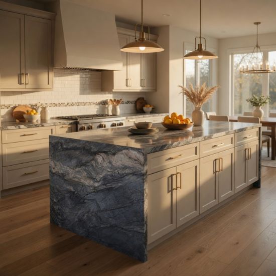 Isla de cocina con encimera cuarcita Fusion Blue en cocina clara