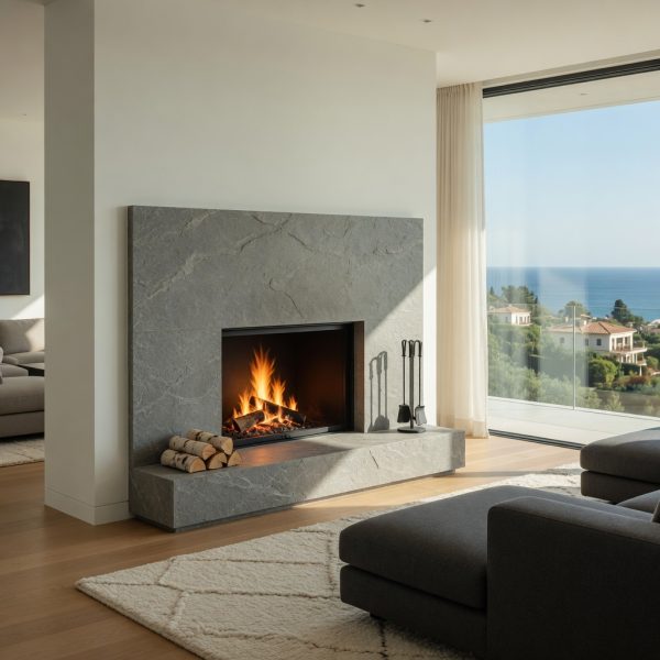 Chimenea revestida en Pizarra Celeste en salón moderno con vistas al mar