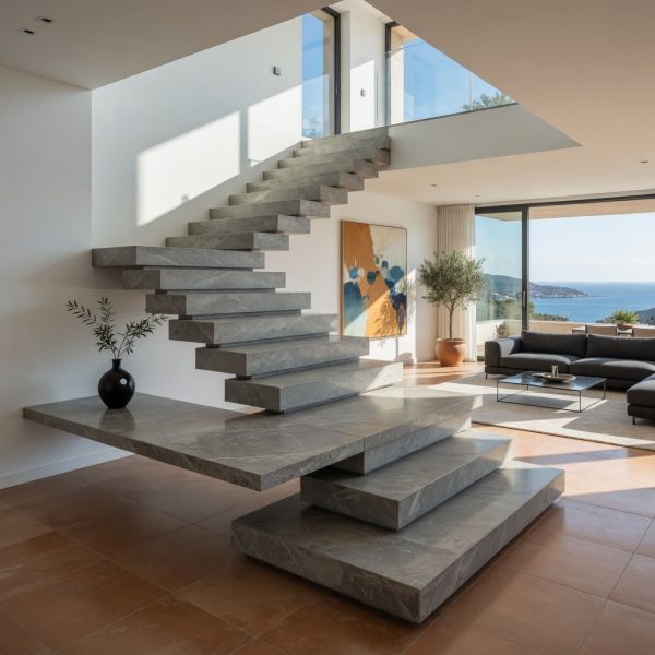 Escalera flotante y consola en Pizarra Celeste en vivienda de lujo con vistas al mar
