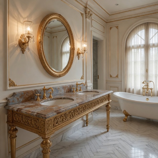 Mueble de baño clásico en Pizarra Multicolor con grifería dorada y bañera exenta