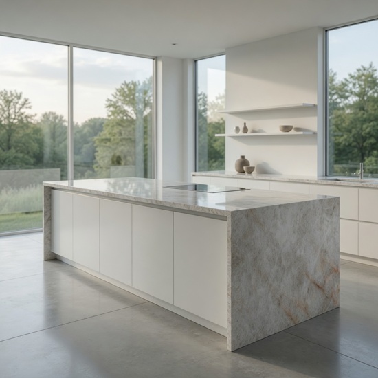 Isla de cocina con encimera cuarcita Lumix en cocina blanca minimalista
