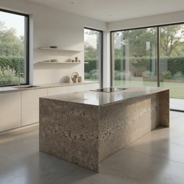 Isla de cocina con encimera granito White Evolution en cocina minimalista blanca