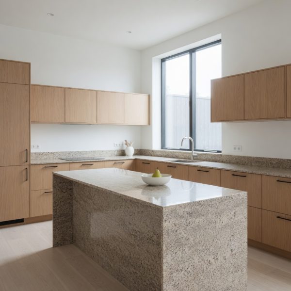 Encimera e isla granito White Evolution en cocina con muebles de madera clara