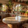 Isla curva con encimera granito White Evolution en cocina rústica con plantas