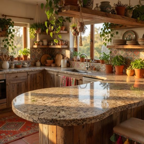 Isla curva con encimera granito White Evolution en cocina rústica con plantas