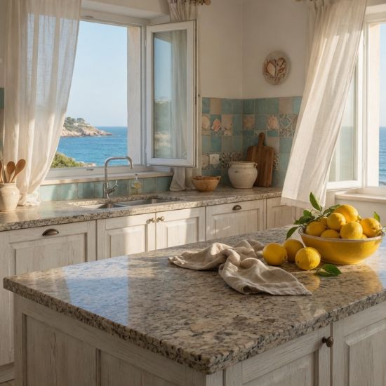 Encimera granito White Evolution en cocina mediterránea con vistas al mar
