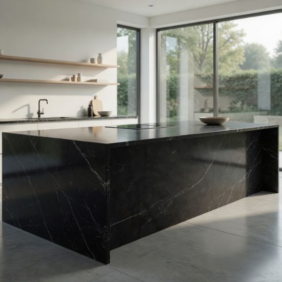 Isla de cocina con encimera cuarcita Naturamia Hydra negra y ventanales