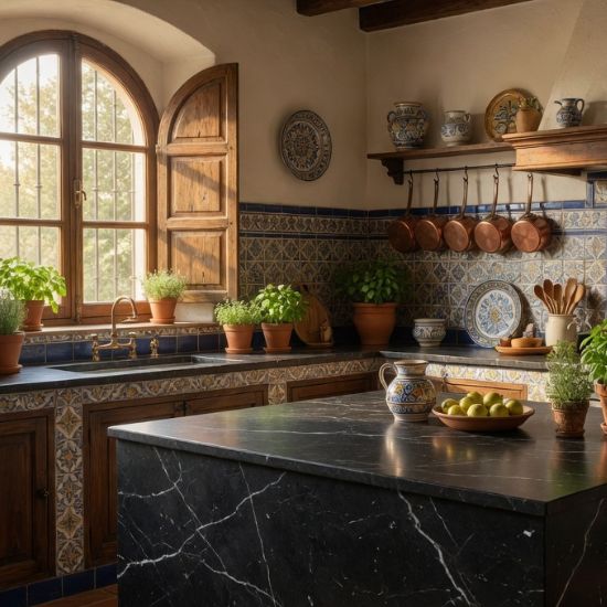 Encimera cuarcita Naturamia Hydra negra en cocina rústica con azulejos