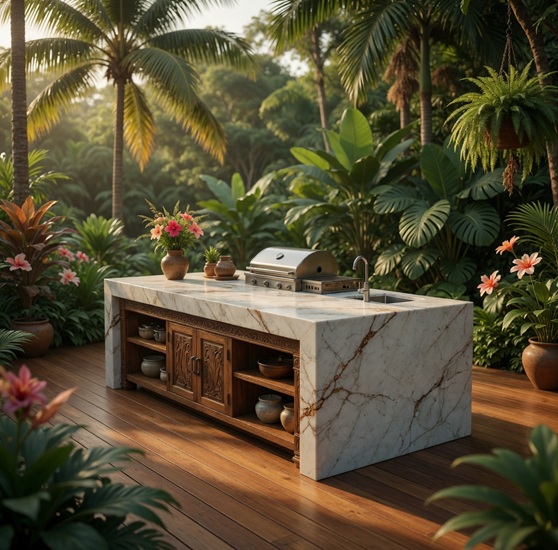 Isla de cocina exterior en porcelánico Techlam Alhambra en entorno tropical