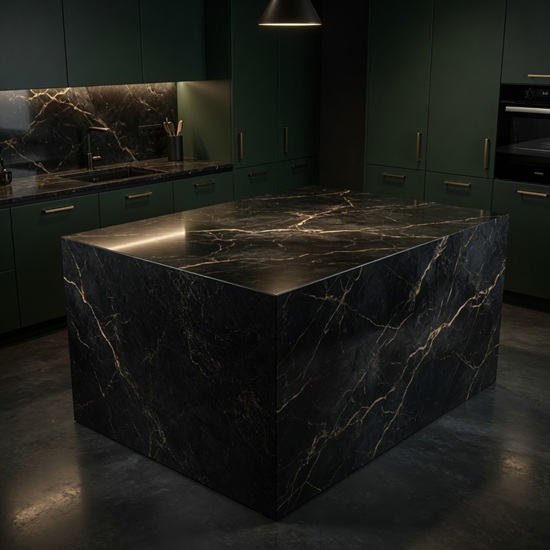 Isla de cocina con encimera Techlam Cosmopolitan Black en cocina verde oscura