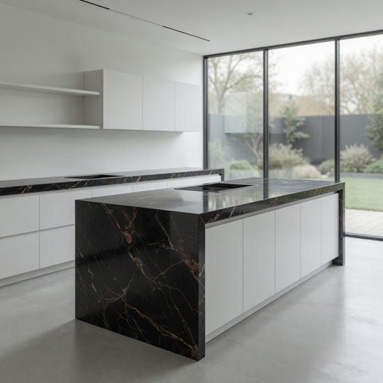 Isla de cocina con encimera Techlam Cosmopolitan Black en cocina blanca minimalista