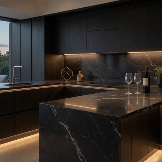 Encimera y backsplash Techlam Cosmopolitan Black en cocina negra de lujo
