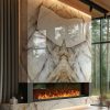 Chimenea revestida en porcelánico Techlam Patagonia con efecto mariposa y fuego