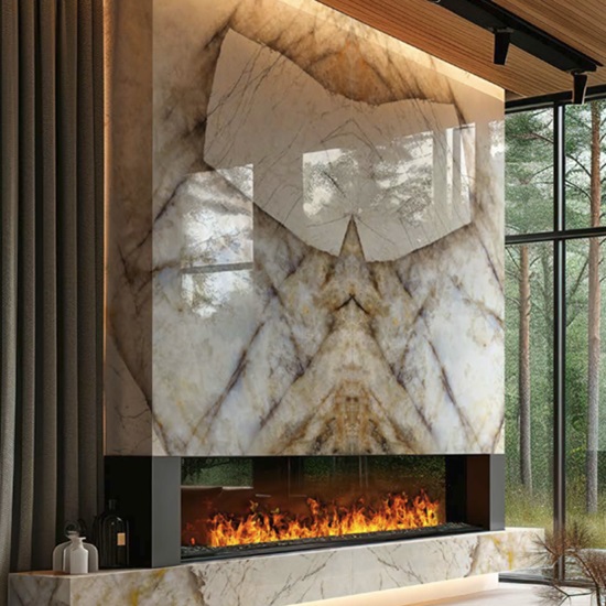 Chimenea revestida en porcelánico Techlam Patagonia con efecto mariposa y fuego