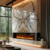 Detalle de chimenea y salón con porcelánico Techlam Patagonia y vistas al bosque