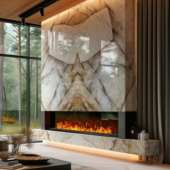 Detalle de chimenea y salón con porcelánico Techlam Patagonia y vistas al bosque