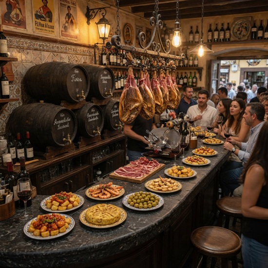 Barra de bar en porcelánico Techlam Pierre Bleue negro con jamones y tapas