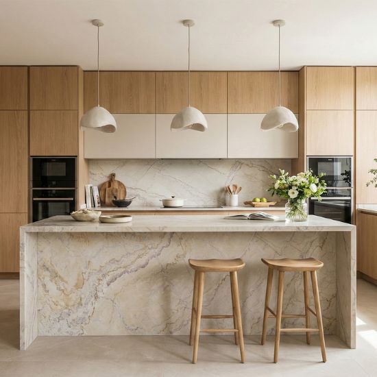 Encimera cuarcita Terra Dolce Vita en isla de cocina moderna con madera clara