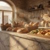 Encimera cuarcita Terra Dolce Vita en cocina rústica con pan y bollería