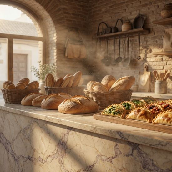 Encimera cuarcita Terra Dolce Vita en cocina rústica con pan y bollería
