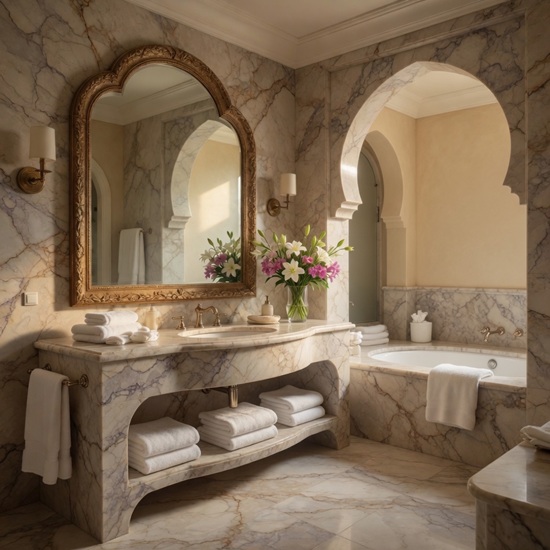Cuarcita Terra Dolce Vita en baño de lujo con bañera y mármol