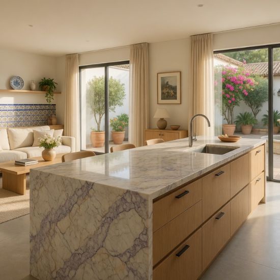 Isla de cocina con encimera cuarcita Terra Dolce Vita y vistas al exterior