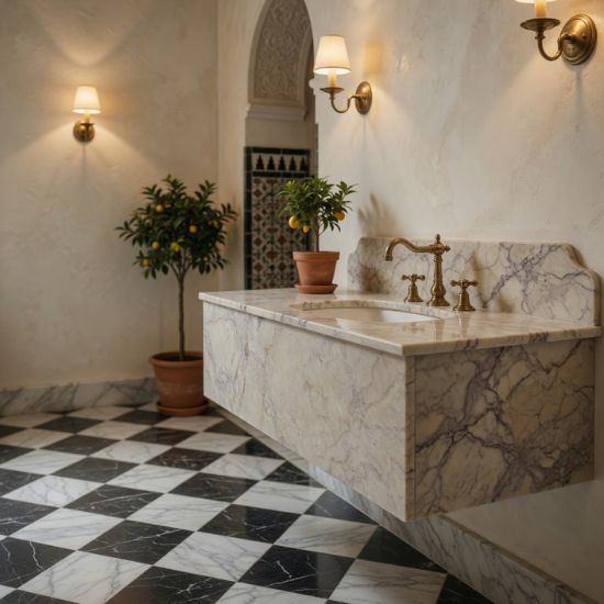 Mueble de baño con encimera cuarcita Terra Dolce Vita y suelo ajedrezado