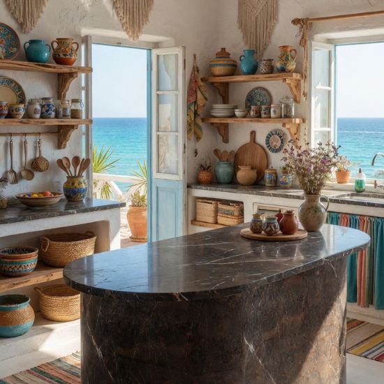 Isla curva con encimera cuarcita Terra Goiana en cocina mediterránea costera