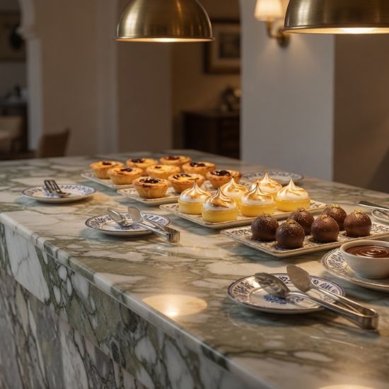 Barra de pastelería con cuarcita Terra Opalo y dulces