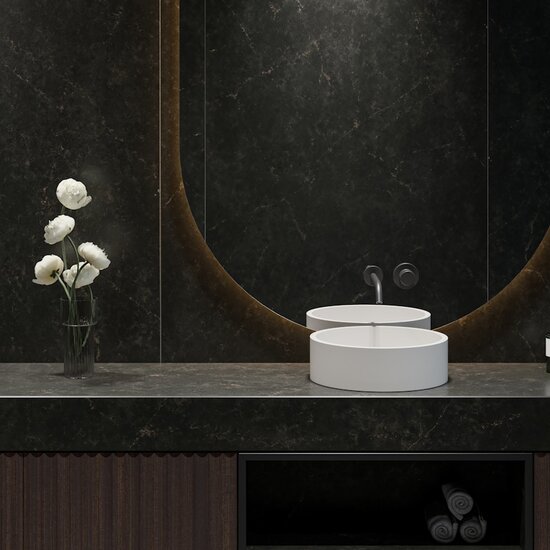 Encimera de baño ÉCLOS Phantome negro con vetas doradas y lavabos blancos