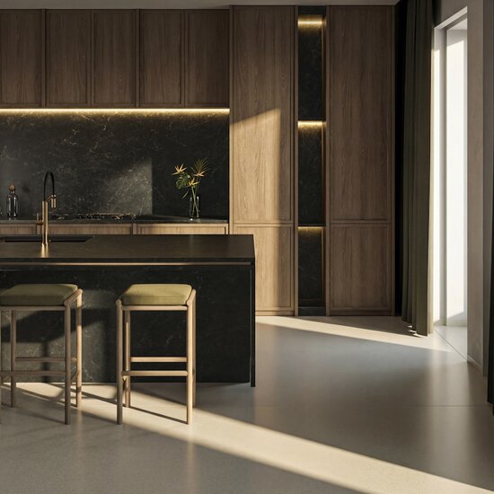 Isla de cocina ÉCLOS Phantome negro con taburetes y muebles de madera