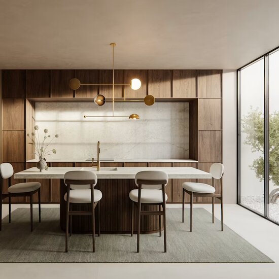 Isla de cocina con encimera ÉCLOS Vancor blanco y muebles de madera